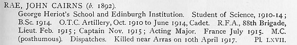 Rae J C Captain MC Royal Field Artillery Obit