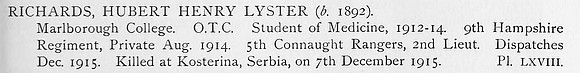 Richards H H L 2nd Lt 5th Connaught Rangers Obit