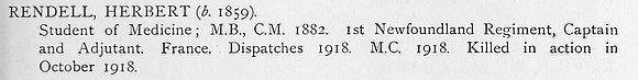 Rendell H Captain MC 1st Newfoundland Regiment Obit