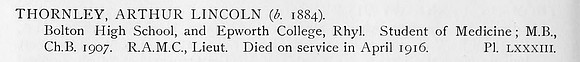 Thornley A L Lt Royal Army Medical Corps Obit