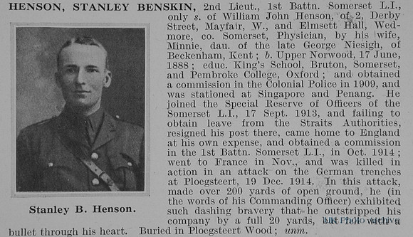 Henson S B 2nd Lt 1st Somerset Light Infantry Obit