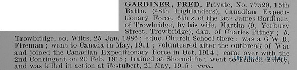 Gardiner E F Pte 77520 15th Canadian Expeditionary Force Obit