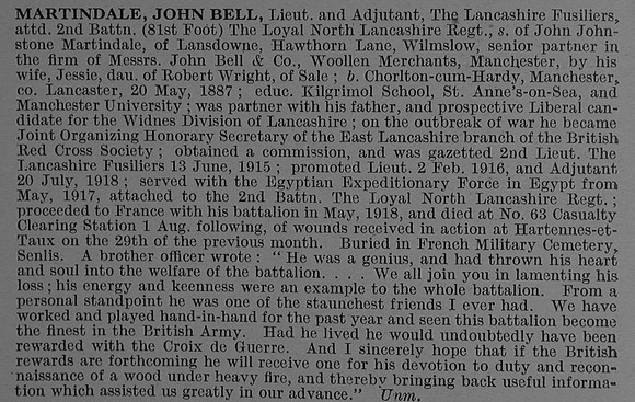 Martindale J B Lt Lancashire Fusiliers Attd 2nd The Loyal North Lancashire Regiment Obit De Ruvignys Roll Of Honour Vol 4