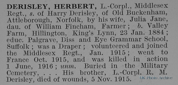 Derisley H L/Cpl Middlesex Regiment Obit
