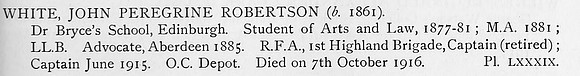 White J P R Captain Royal Field Artillery Obit