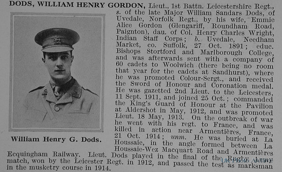 Dods W H G Lt 1st Leicestershire Regiment Obit