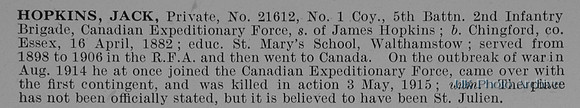 Hopkins J Pte 21612 5th Canadian Expeditionary Force Obit