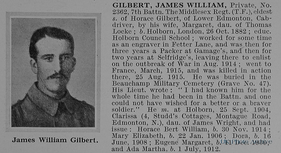 Gilbert J W Pte 2362 7th Middlesex Regiment Obit