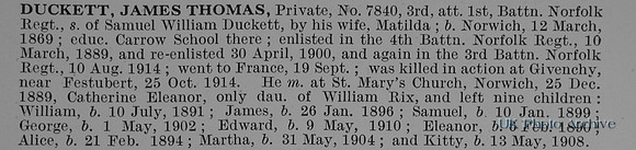 Duckett J T Pte 7840 1st Norfolk Regiment Obit