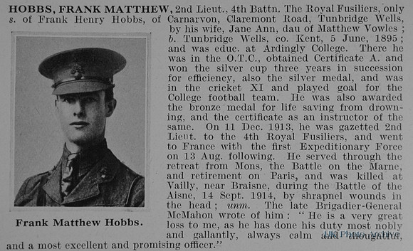 Hobbs F M 2nd Lt 4th Royal Fusiliers Obit