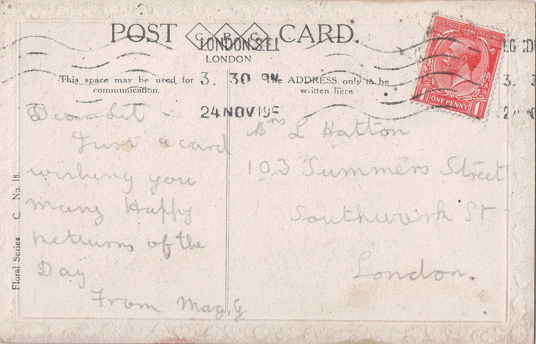 Birthday Postcard Lil Hatton 103 Summers Street, Southwark Street, London Back