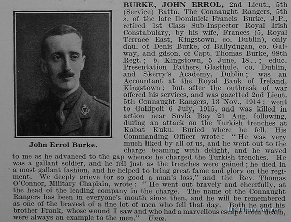 Burke J E 2nd Lt 5th Connaught Rangers Obit