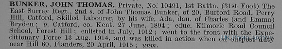 Bunker J T Pte 10491 1st East Surrey Regiment