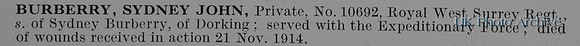 Burberry S J Pte 10692 Royal West Surrey Regiment
