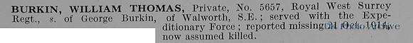 Burkin W T Pte 5657 Royal West Surrey Regiment