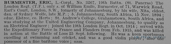 Burmester E LCpl 3267 19th London Regiment