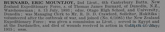 Burnard E M 2nd Lt 6th Canterbury Btn NZEF