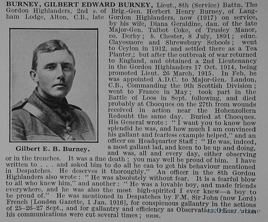 Burney G E B Lt 6th Gordon Highlanders Obit