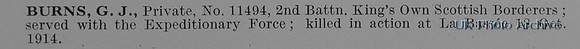 Burns G J Pte 11494 2nd Kings Own Scottish Borderers