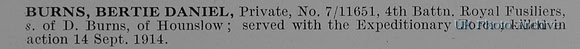 Burns B D Pte 7-11651 4th Royal Fusiliers