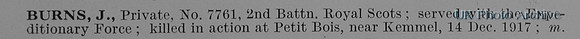 Burns J Pte 7761 2nd Royal Scots