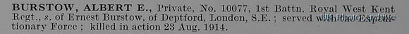 Burstow A E Pte 10077 1st Royal West Kent Regiment