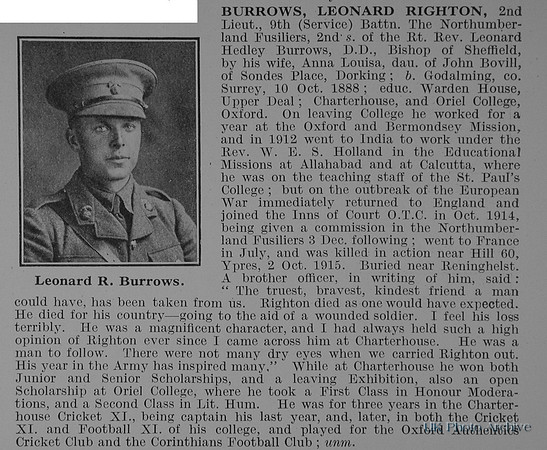 Burrows L R 2nd Lt 9th Northumberland Fusiliers Obit