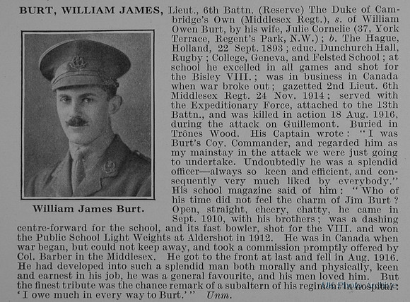 Burt W J Lt 6th Middlesex Regiment Obit