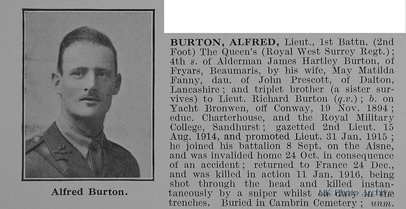 Burton A Lt 1st Queens Royal West Surrey Regiment Obit