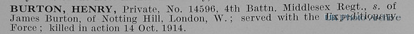 Burton H Pte 14596 4th Middlesex Regiment