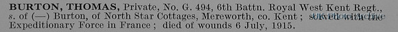 Burton T Pte G-494 6th Royal West Kent Regiment
