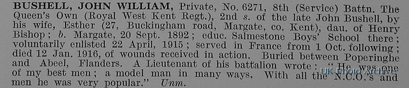 Bushell J  Pte 6271 8th Royal West Kent Regiment