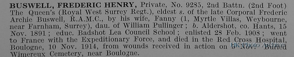 Buswell F H Pte 9285 2nd Queens Royal West Surrey Regiment