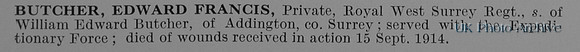 Butcher E F Pte Queens Royal West Kent Regiment