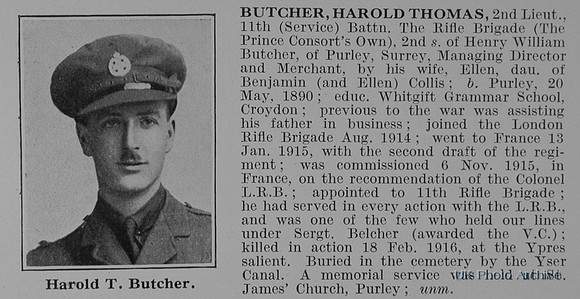 Butcher H T 2nd Lt 11th Rifle Brigade Obit
