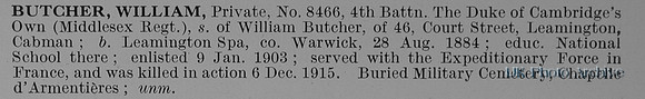 Butcher W Pte 8466 4th Middlesex Regiment