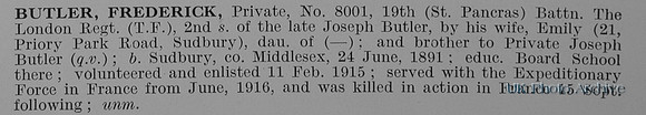 Butler F Pte 8001 19th London Regiment