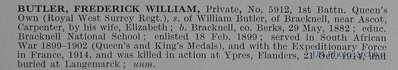 Butler F W Pte 5912 1st Queens Royal West Surrey Regiment