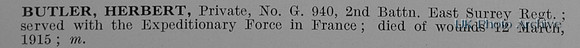 Butler H Pte G940 2nd East Surrey Regiment