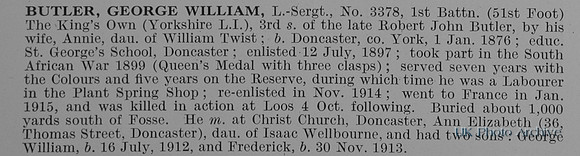 Butler G W LSergt 3378 1st Kings Own Yorkshire Light Infantry