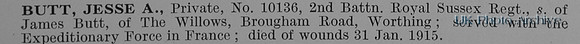 Butt J A Pte 10136 2nd Royal Sussex Regiment