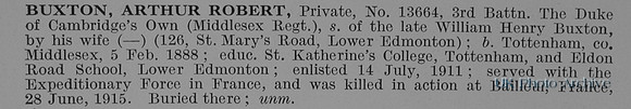 Buxton A R Pte 13664 3rd Middlesex Regiment