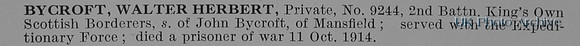 Bycroft W H Pte 9244 2nd Kings Own Scottish Borderers