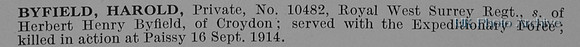 Byfield H Pte 10482 Queens Royal West Surrey Regiment