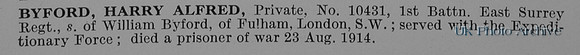Byford H A Pte 10431 1st East Surrey Regiment
