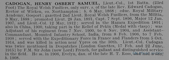 Cadogan H O S Lt Col 1st Royal Welsh Fusiliers