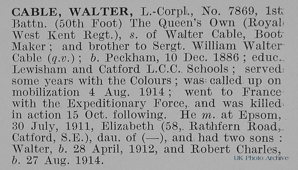 Cable W L/Cpl 7869 1st Royal West Kent Regiment Obit