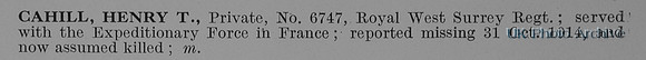 Cahill H T Pte 6747 Royal West Surrey Regiment