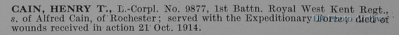 Cain H T LCpl 9877 1st Royal West Kent Regiment