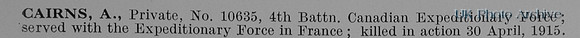 Cairns A Pte 10635 4th Canadian Expeditionary Force
